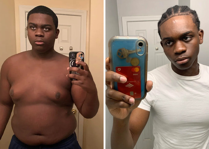 Young man showing inspiring glow-up transformation in before and after mirror selfies with different hairstyles and physiques.