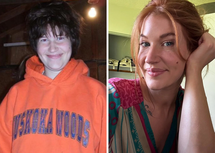 Before and after photos showing an inspiring ugly ducklings glow-ups transformation with a smiling young woman.
