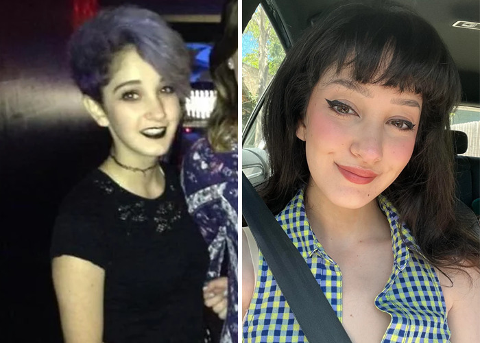 Before and after photos of a young woman showcasing an inspiring ugly ducklings glow-up transformation.