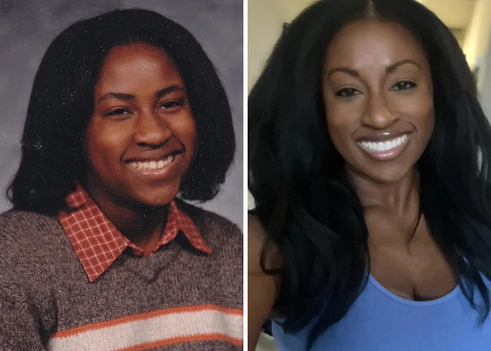 Side-by-side before and after photos showing an inspiring ugly ducklings glow-up transformation with a bright smile.