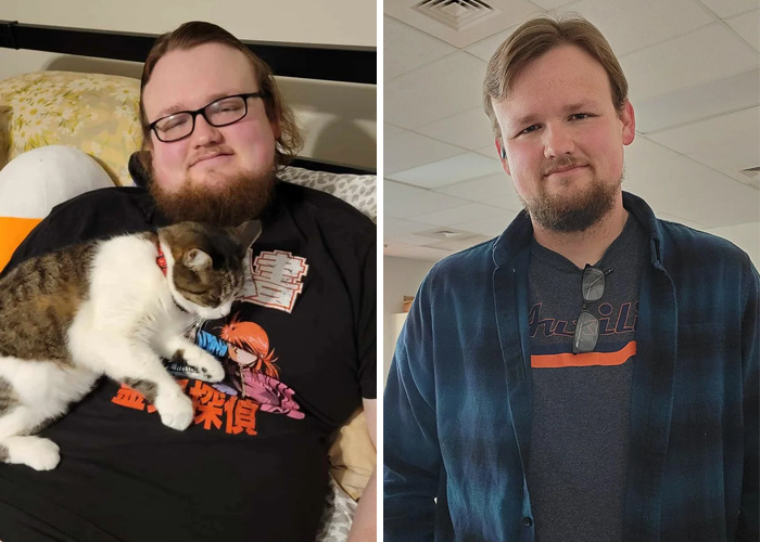 Before and after photos of a man showing an inspiring ugly duckling glow-up transformation with a beard and glasses.