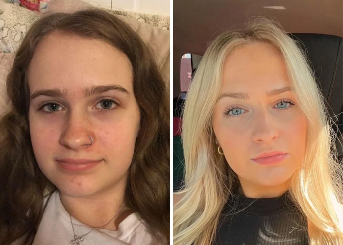 Side-by-side photos of a woman before and after her inspiring ugly ducklings glow-up transformation.