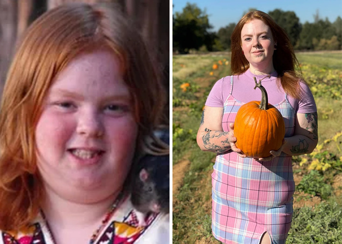 Side-by-side comparison of a woman’s inspiring glow-up from childhood to adulthood holding a pumpkin outdoors.
