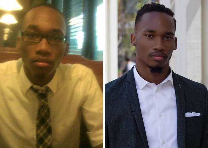 Before and after photos of a man showcasing an inspiring ugly ducklings glow-up transformation.