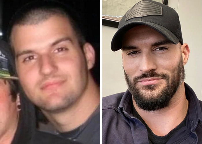 Side-by-side photos of a man showing an inspiring glow-up transformation from youthful to bearded and confident.