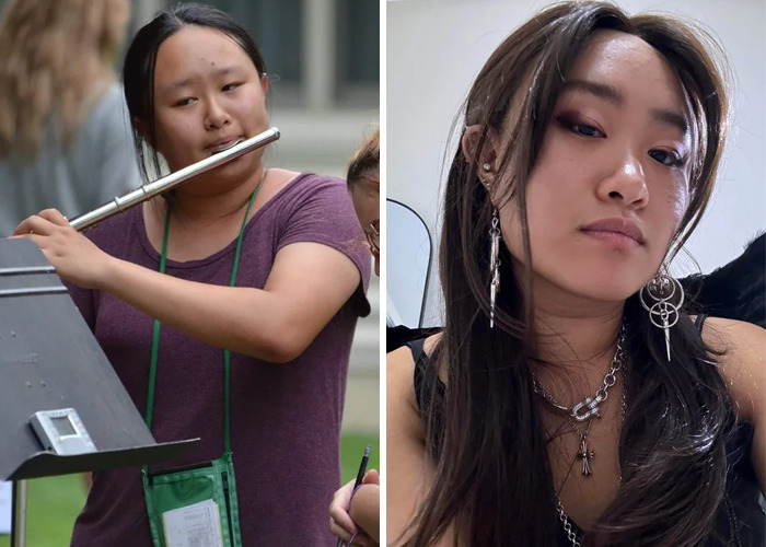 Side-by-side images showing an inspiring glow-up of a young woman playing flute and posing with stylish accessories.