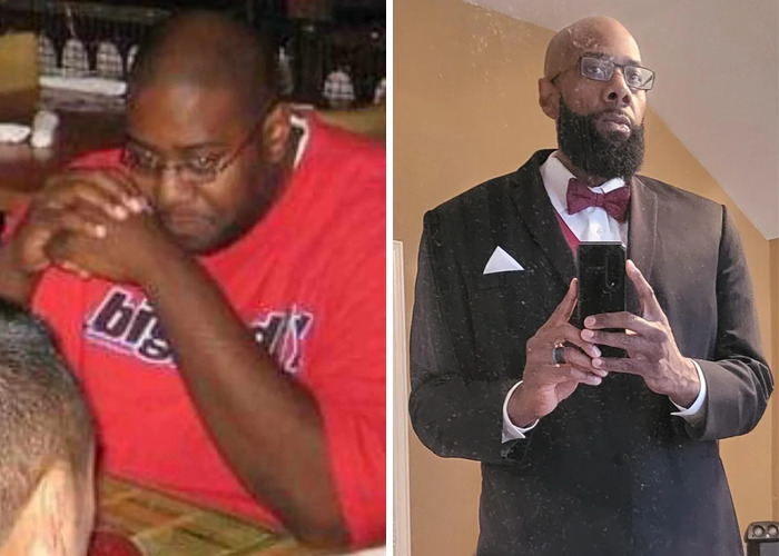 Before and after glow-up photos of a man showcasing an inspiring ugly ducklings transformation and new stylish look.
