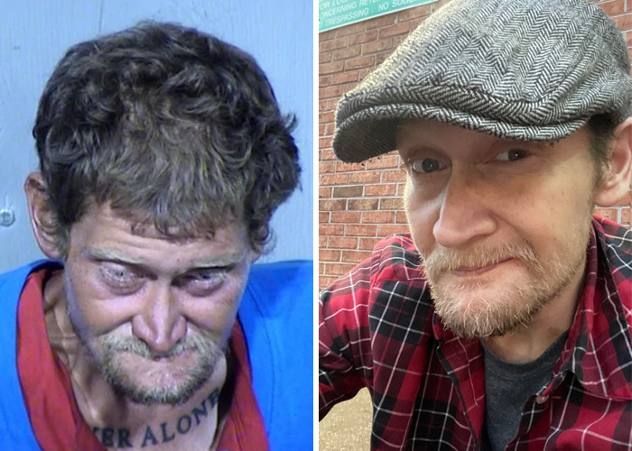 Side-by-side photos showing an inspiring ugly duckling glow-up transformation of a man in casual wear.