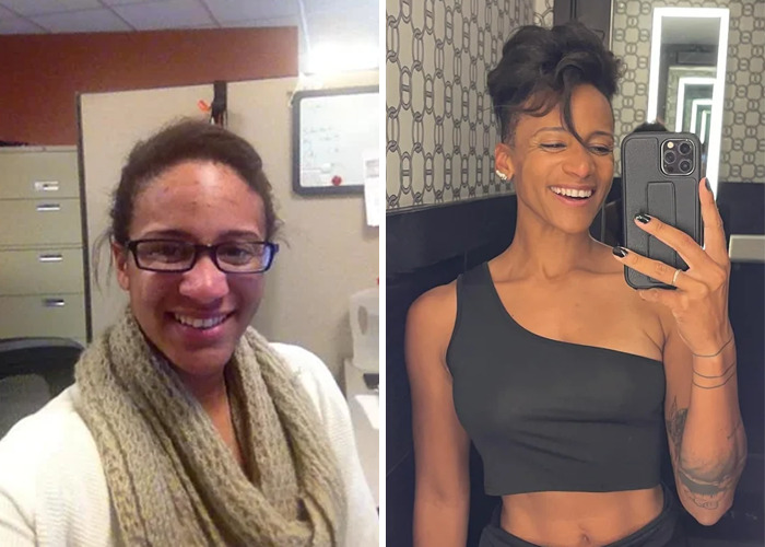 Side-by-side before and after photos showing inspiring ugly ducklings glow-ups with confident smiles and stylish looks.