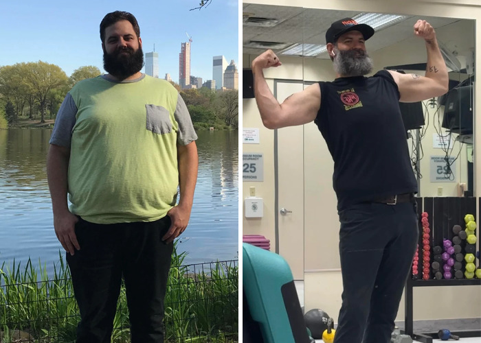 Before and after transformation of a man showing inspiring ugly duckling glow-up with weight loss and muscle gain.