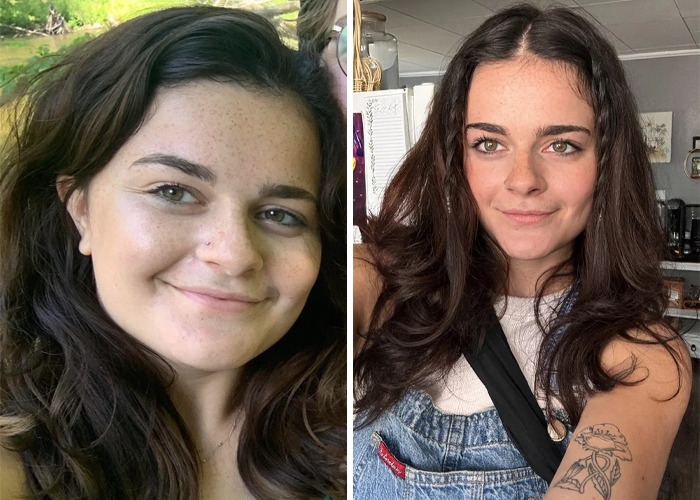 Before and after photos of a woman showcasing an inspiring ugly duckling glow-up with long dark hair and a confident smile.