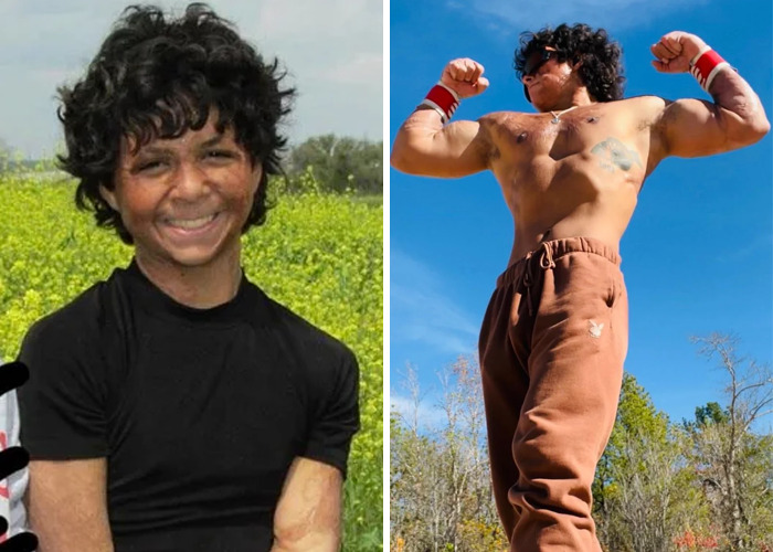Before and after photos showing an inspiring ugly ducklings glow-up with a young man smiling then flexing muscles outdoors.
