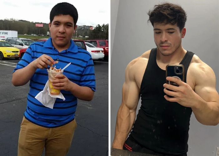 Before and after photos showing an inspiring ugly ducklings glow-up with a major fitness transformation and muscle gain.