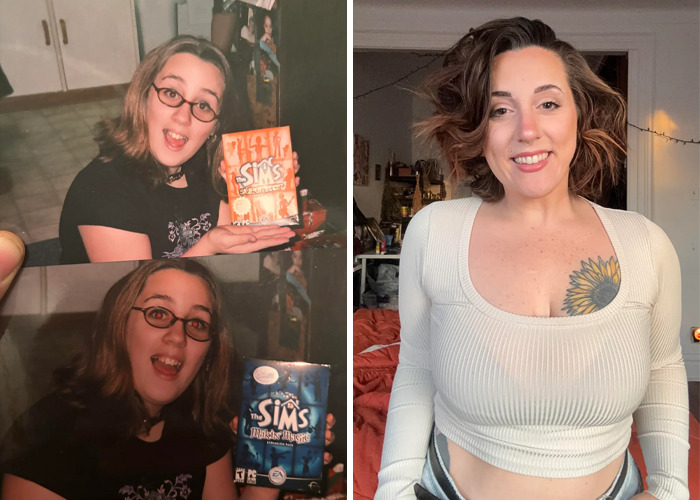 Side-by-side before and after photos showing an inspiring ugly duckling glow-up transformation with a bright smile.