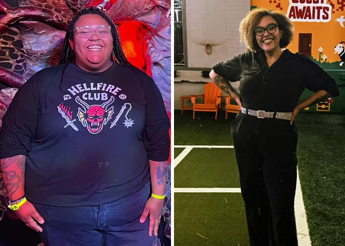 Before and after photo showing inspiring ugly ducklings glow-ups with confident smiles and stylish outfits.