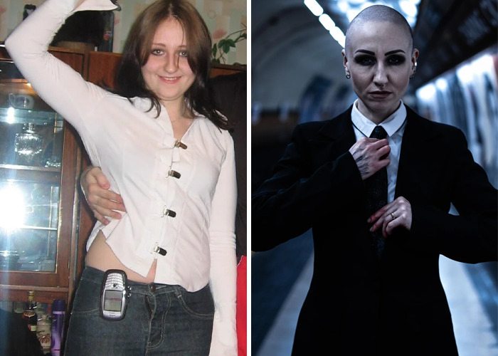 Before and after glow-up of an ugly duckling showing a transformation from casual to bold and confident style.