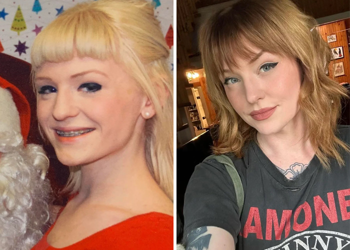 Before and after photos showing an inspiring ugly duckling glow-up with a stylish haircut and makeup transformation.