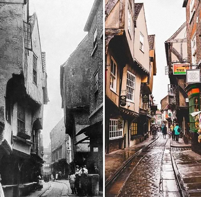 Rare historical photos showing a narrow cobblestone street with old buildings, comparing past and present views.