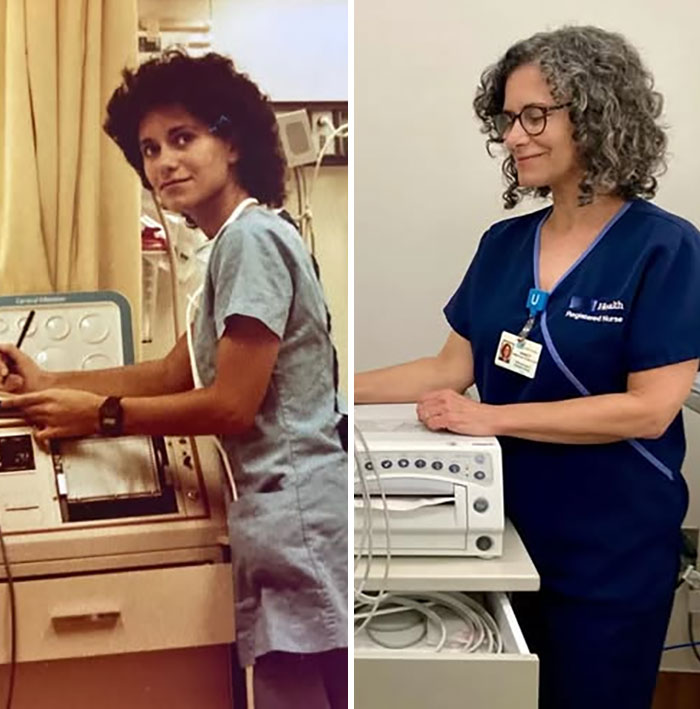Side-by-side rare historical photos showing a woman nurse working with medical equipment decades apart.