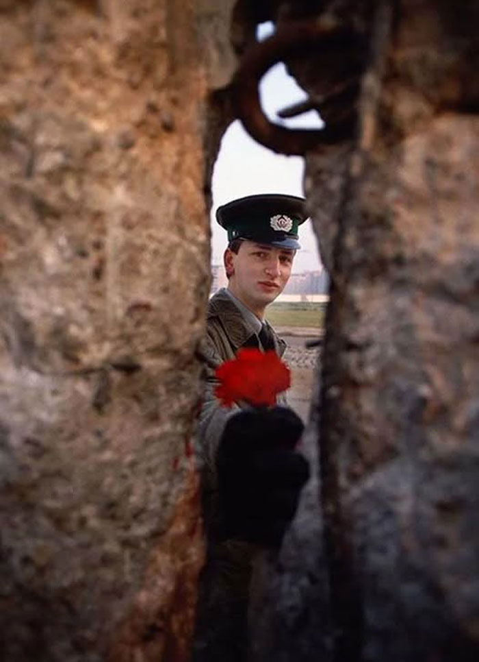 East German border guard offering a red flower through a gap in the Berlin Wall in a rare historical photo.