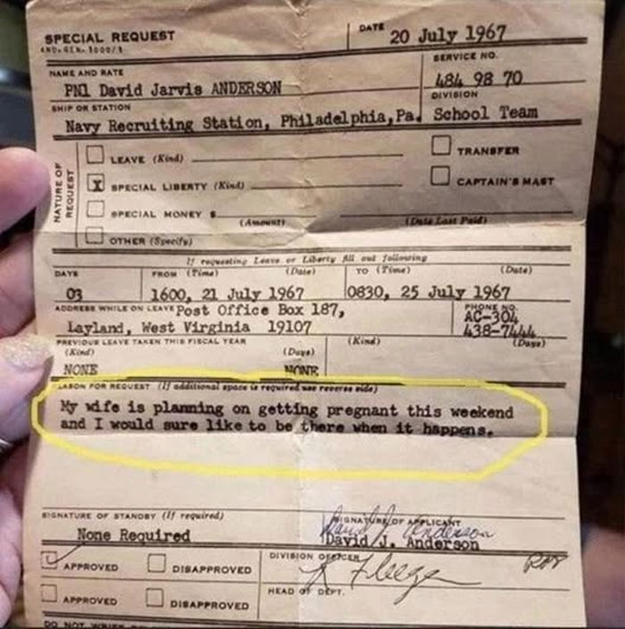 Rare historical photo of a 1967 Navy leave request form with a personal note about family plans highlighted.