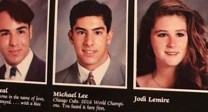 Yearbook photos of students including Michael Lee with caption referencing Chicago Cubs 2016 World Championship in rare historical photos.