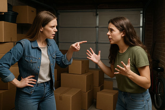 Two sisters arguing intensely in a garage surrounded by boxes, capturing wedding dress sisters drama and emotional conflict.
