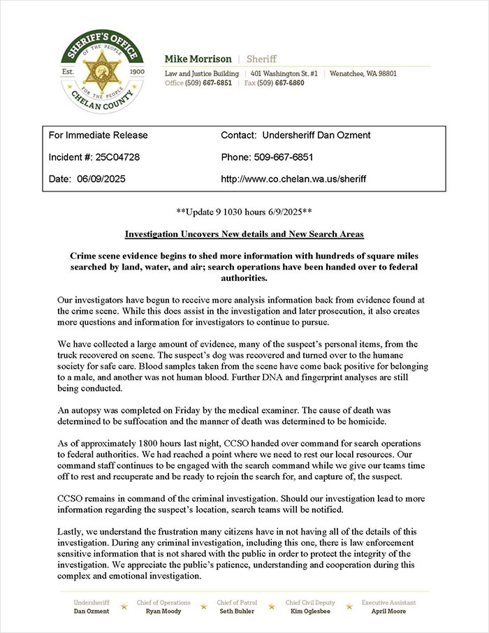 Official sheriff's office statement revealing blood not belonging to a human found in fugitive dad's crime scene.