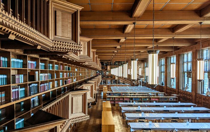 Grandiose library interior with wooden shelves, tall windows, long tables, and hanging lights in a cosy reading space.