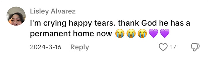 Comment from Lisley Alvarez expressing joy and relief that the vocal cat gets quickly adopted and has a permanent home now. Comment from Lisley Alvarez expressing joy and relief that the vocal cat gets quickly adopted and has a permanent home now.
