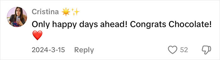 Comment expressing happiness for a cat named Chocolate and congratulating its quick adoption with a red heart emoji. Comment expressing happiness for a cat named Chocolate and congratulating its quick adoption with a red heart emoji.