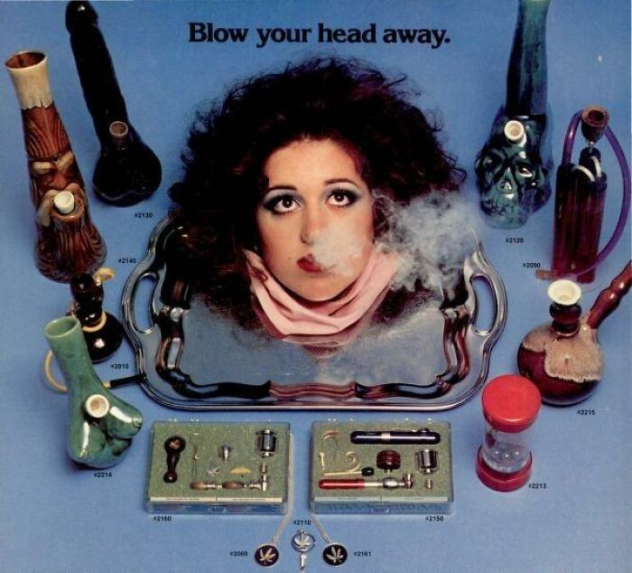Vintage smoking pipes and accessories displayed with a woman's face exhaling smoke, showcasing confusing historical items.