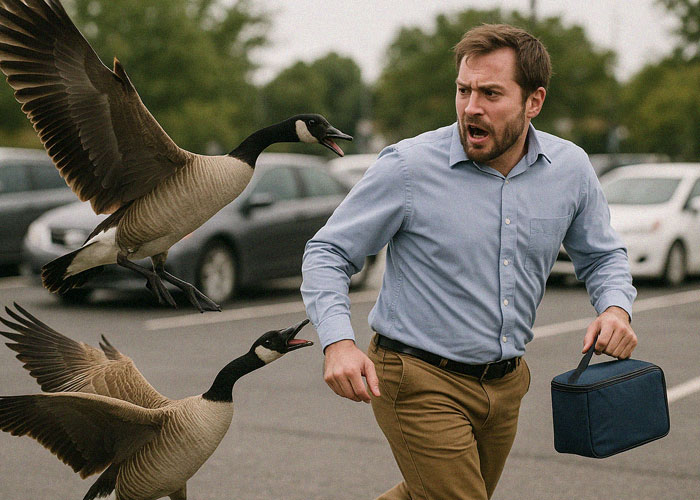 Man running away from aggressive geese in a parking lot, depicting weird and scary moments caught on security tape.