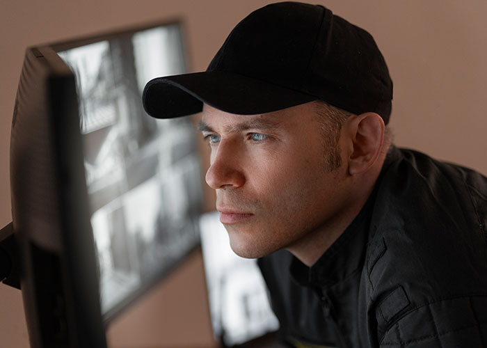 Man in black cap closely watching security tape footage on multiple monitors showing weird and scary moments caught on security tape