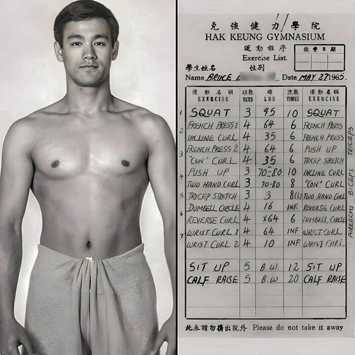 Black and white photo of a shirtless man next to a handwritten historic exercise list from 1965 at Hak Keung Gymnasium.