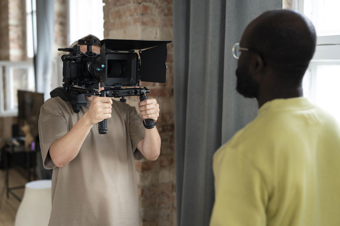 Cameraman filming actor indoors with professional camera gear, highlighting actors in movies across every genre.