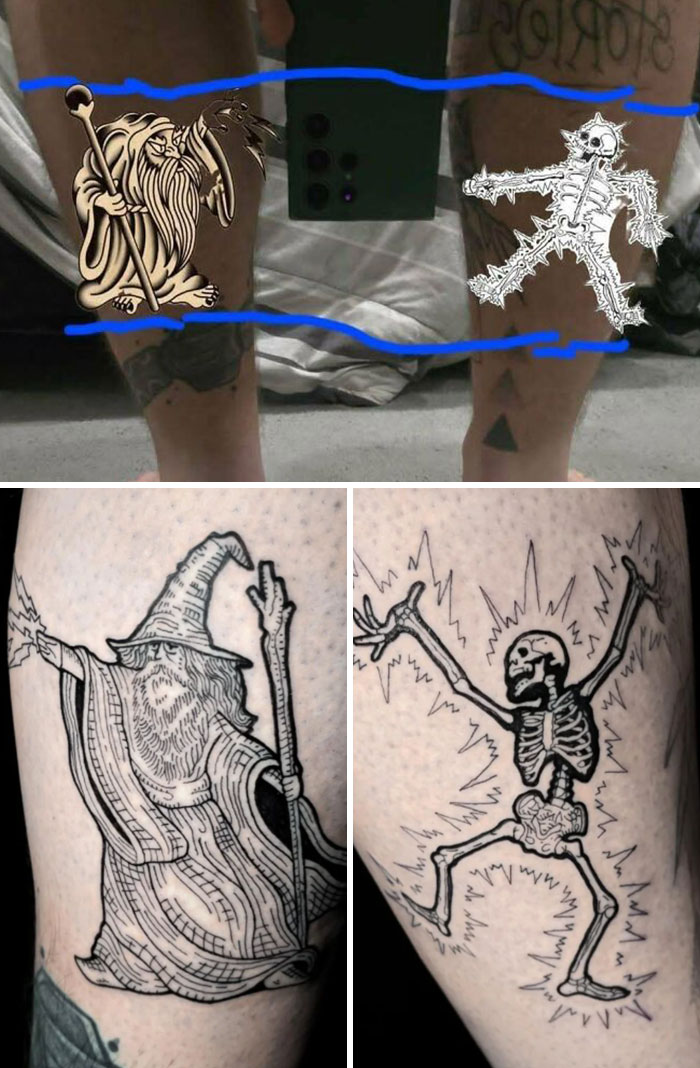 Leg tattoos showing tattoo expectations versus reality with wizard and skeleton designs in black ink on legs.