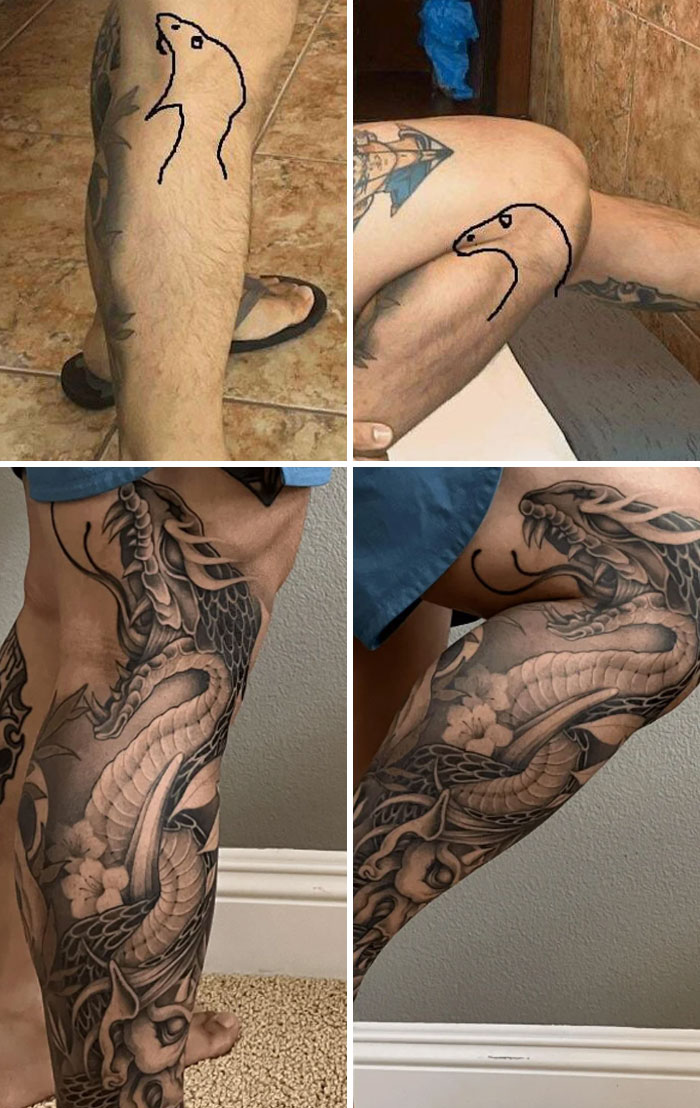 Comparison of tattoo expectations versus reality on legs showing simple sketches versus detailed dragon tattoos.