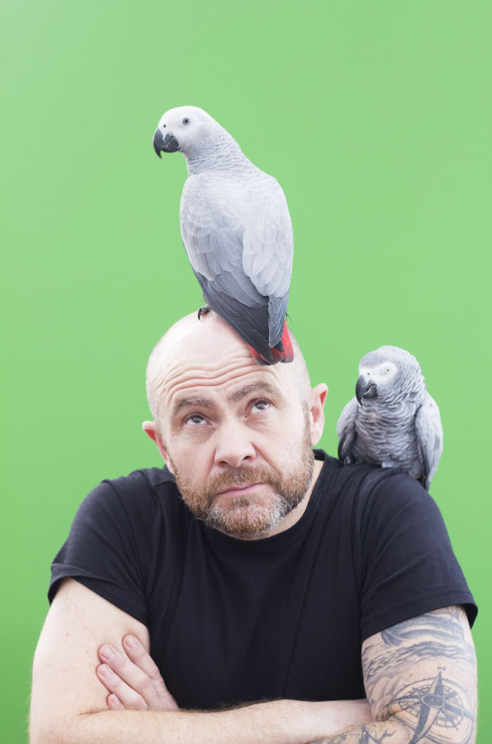 Man with bird on head and shoulder, illustrating bird poops on you as a public health risk, against a green background.