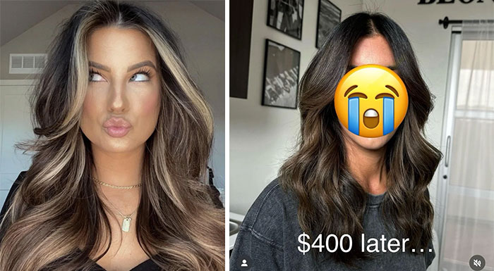 Side-by-side comparison of hair fails showing what people asked for versus what they actually got after a salon visit.
