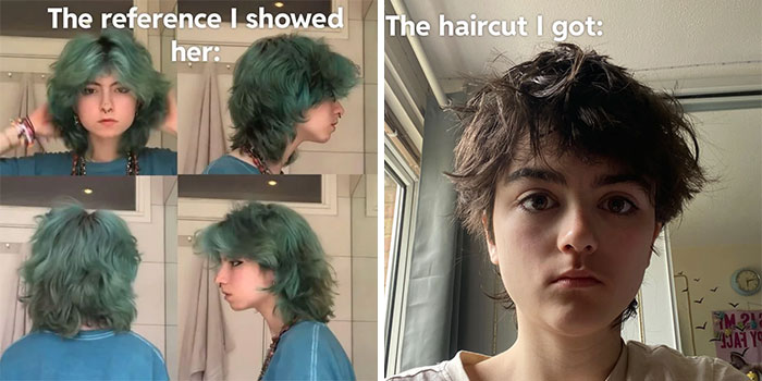 Side-by-side comparison of hair fails showing expected haircut versus actual result with messy uneven styling.
