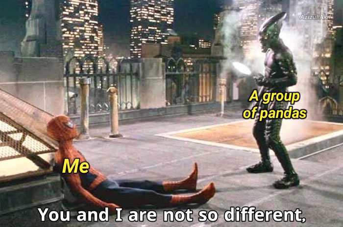 Spider-Man sitting on the ground talking to the alien, humorously comparing an embarrassment of pandas to a group.