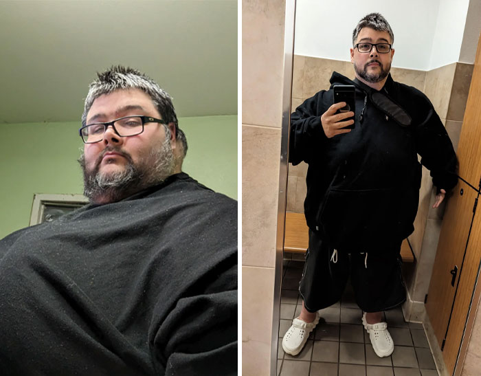 Hombre con gafas mostrando transformación física notable en comparación entre dos fotos.