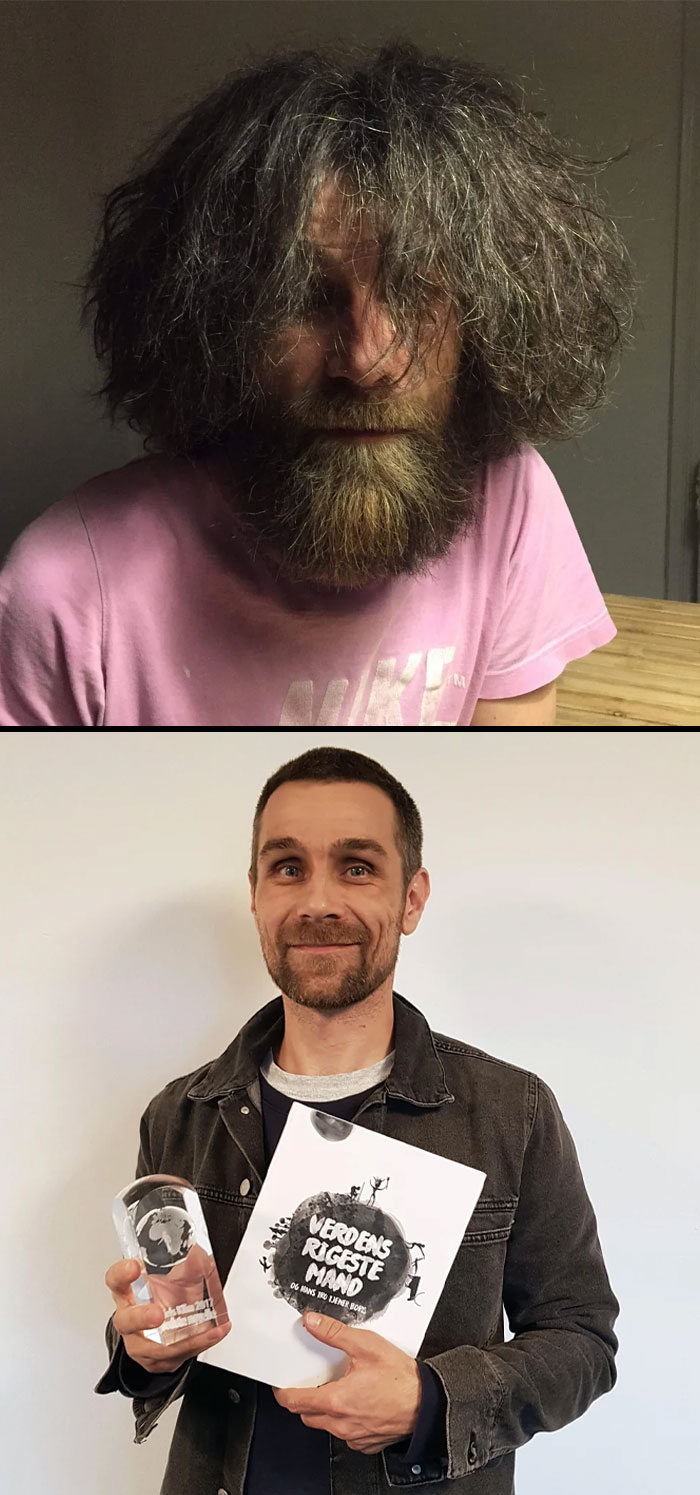 Hombre mostrando una transformación increíble con cambio de aspecto entre pelo largo y barba a corte moderno y afeitado.