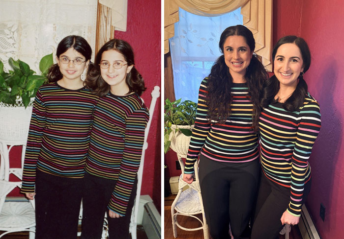Two women wearing matching striped shirts in heartwarming before and after photos showing their growth and change over time.