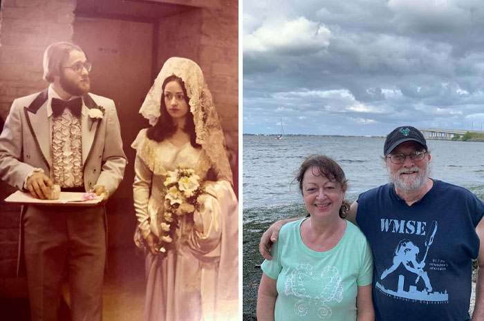 Before and after photos of a couple showing their wedding day and years later by the water, capturing heartwarming moments.