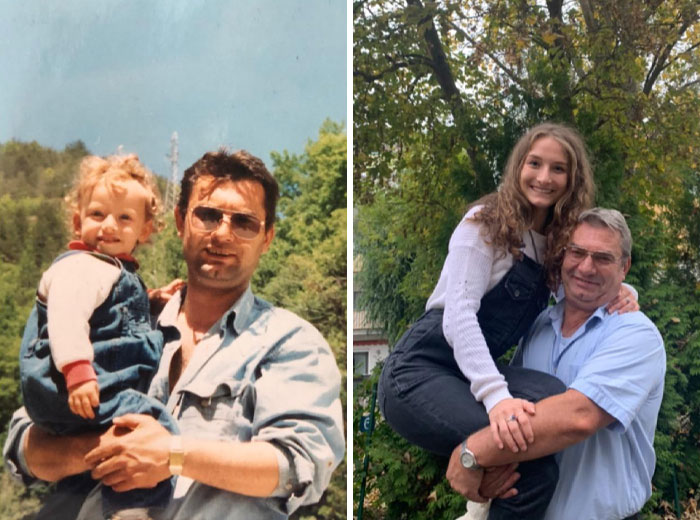 Father and daughter in heartwarming before and after photos, showing their bond over the years outdoors.