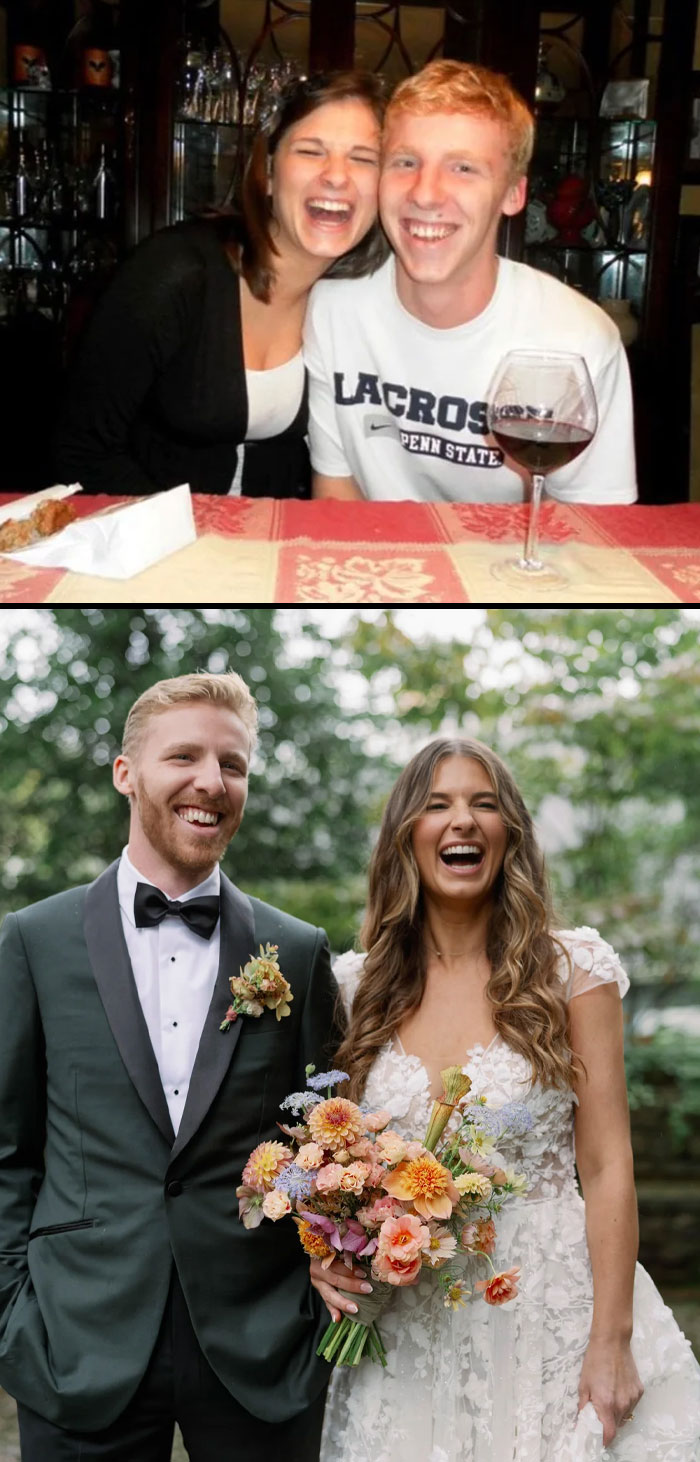 Heartwarming before and after photos of a couple, from casual moments to their joyful wedding day outdoors.