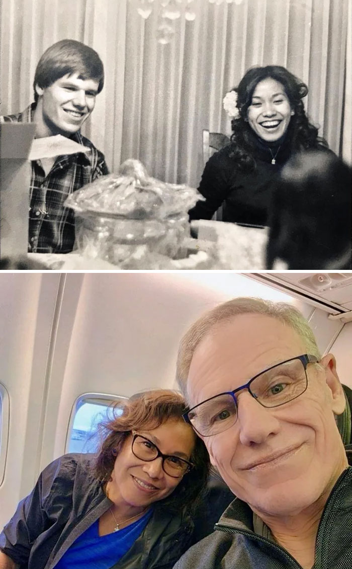 Heartwarming before and after photos showing a couple smiling together decades apart on different occasions.