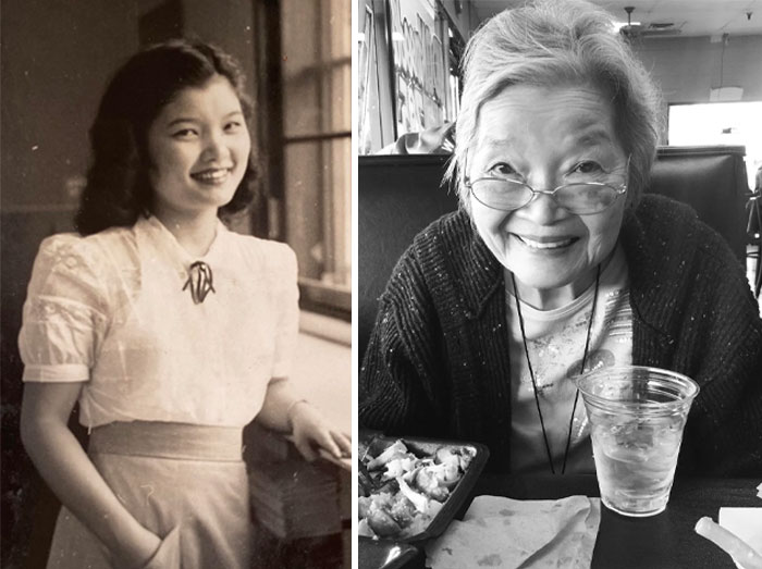 Transformaciones increíbles de una mujer en dos etapas de su vida, joven y mayor, mostrando el paso del tiempo y cambios físicos.